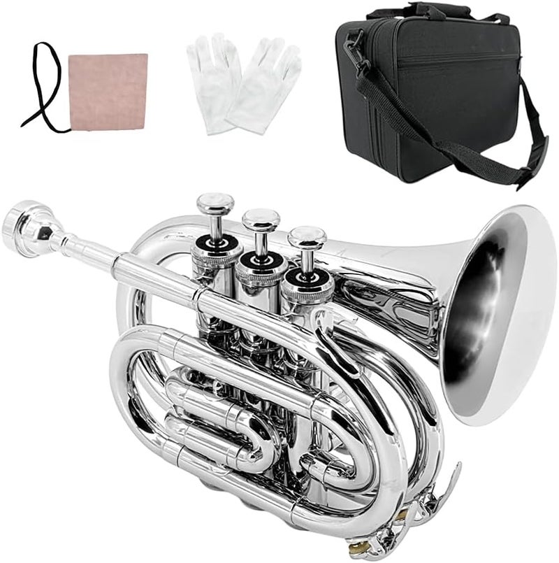 ModouString Bb Pocket Trumpet with Case,Mouthpiece, Cleaning Cloth Brass Musical Instruments for Students and Beginners (silver) - Image 1